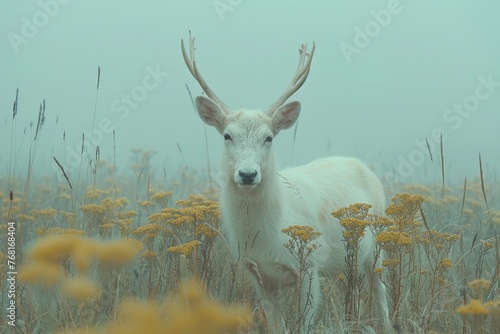 Ethereal White Deer in Misty Yellow Meadow