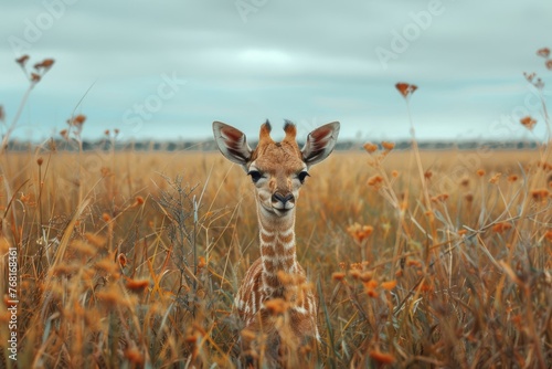 Curious Giraffe Calf Amidst Golden Wildflowers