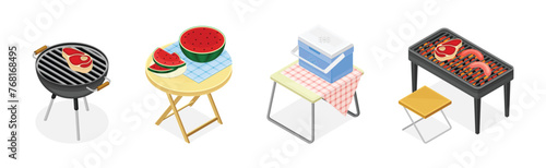 Picnic Camping Element and Object Isometric Vector Set