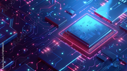 Vector 3D illustration of a futuristic microchip CPU with blue lights and effects, representing database and processing concepts in an isometric banner.