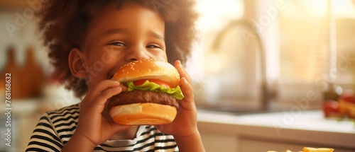 Cheerful smiling african american little boy with big hearty burger, enjoying in sunny kitchen