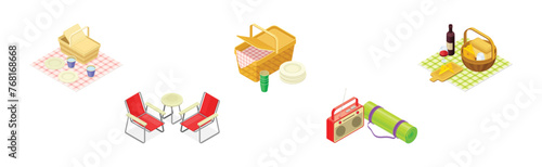 Picnic Camping Element and Object Isometric Vector Set