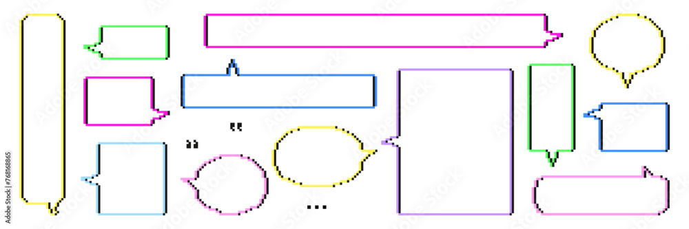 Pixel art speech bubbles set. Retro 8 bit video game dialogue chat 