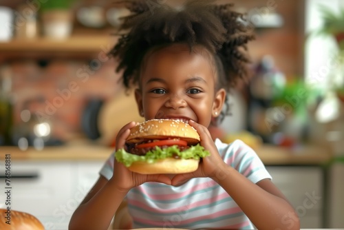 Cheerful smiling african american little girl with big hearty burger  enjoying in sunny kitchen