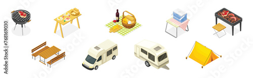 Picnic Camping Element and Object Isometric Vector Set