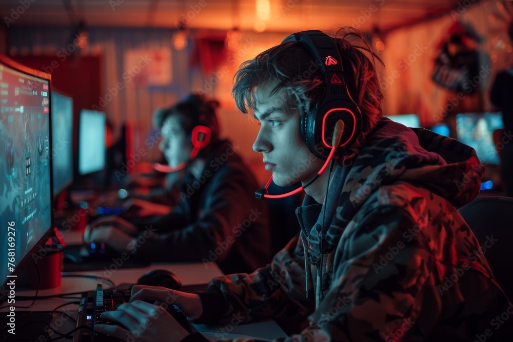 Intense Online Gaming Session in Red Neon Light Intense Online Gaming Session in Red Neon Light