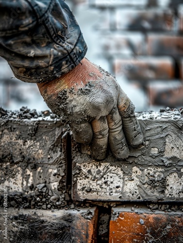Wallpaper Mural Close-up of a dirty, weathered hand laying bricks on a construction site, depicting hard work and manual labor. Torontodigital.ca