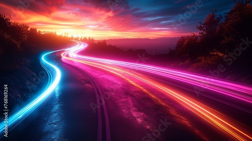Vector artwork illustrating dynamic light motion and high-speed effects, capturing traffic motion and cyberpunk neon elements.