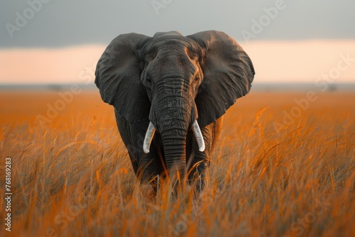 Majestic Elephant Marching Through Golden Savannah