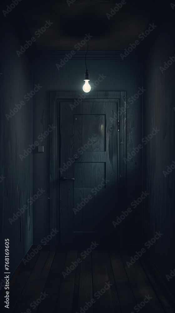 Creepy dark room with cracked open door, light bulb above it Creepy dark room with cracked open door, light bulb above it