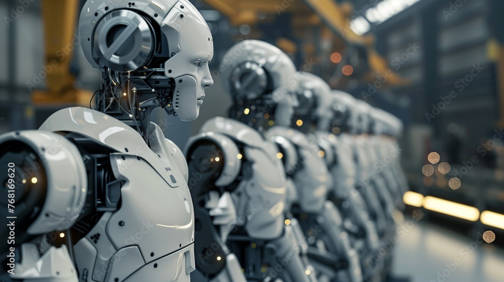 Fototapeta premium Row of Robots in Factory