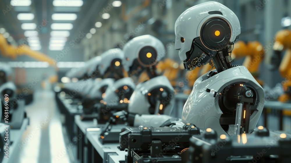 Fototapeta premium Robots Aligned in Factory