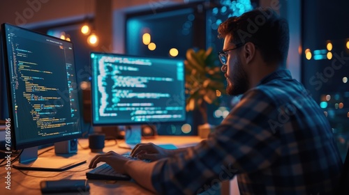 A software developer is engrossed in writing code on dual monitors, indicative of the concentration required in software engineering. AIG41