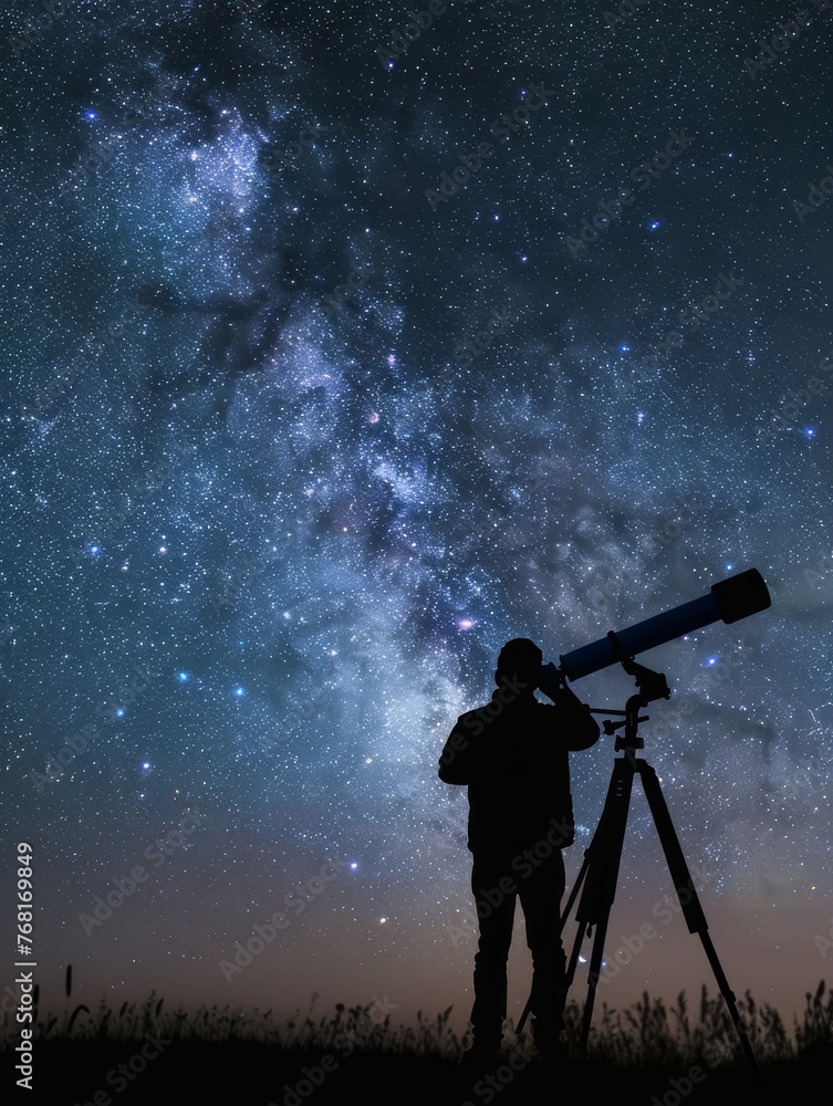 Silhouette of an amateur astronomer using a telescope to explore the starry night sky. Concept of discovery, astronomy, and science.