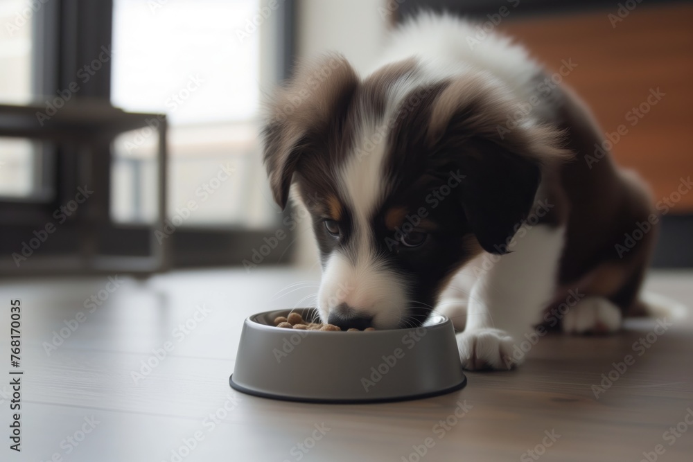 Dog eating kibble from a gray bowl, puppy eating at home, modern interior Dog eating kibble from a gray bowl, puppy eating at home, modern interior