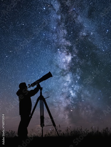 Silhouette of an astronomer using a telescope to explore the starry night sky, capturing the wonder of the cosmos.