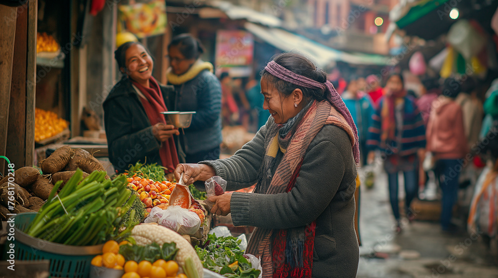 Within the heart of a bustling local market, a woman wearing a bright smile engages in a lively conversation with a spirited elderly vendor. Within the heart of a bustling local market, a woman wearing a bright smile engages in a lively conversation with a spirited elderly vendor.