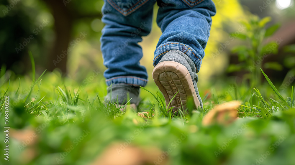 Niño paseando descalzo por la Hierba Fresca Niño paseando descalzo por la Hierba Fresca