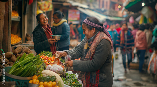 Within the heart of a bustling local market, a woman wearing a bright smile engages in a lively conversation with a spirited elderly vendor.