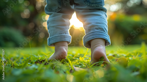 Niño paseando descalzo por la Hierba Fresca