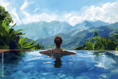 Engulfed by the tranquil beauty of a mountain retreat, a young woman enjoys a leisurely swim in a resort pool nestled amidst lush surroundings. © Sajib