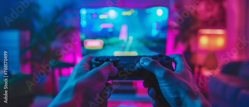 Close-up of a gamer's hands holding a video game controller immersed in vivid neon lighting, conveying a sense of action and entertainment.