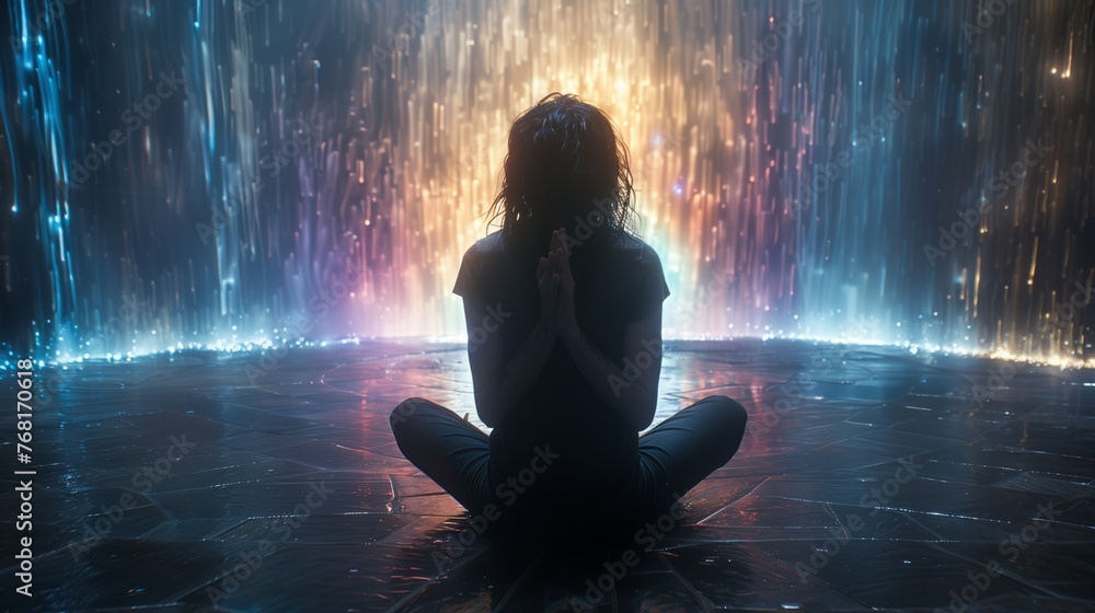 Person Sitting by Fountain Person Sitting by Fountain