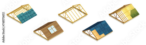 Isometric Roofing Construction Part of Building Vector Set