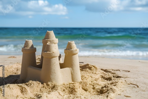 Sandcastle on seaside evokes relaxation and leisure in holiday concept © Jawed Gfx
