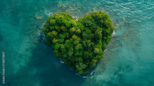 Heart shape small island on tropical waters, clean, blue shallow ocean with coral reef, aerial view