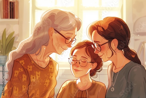 Heartwarming scene where a grandmother, mother, and daughter share a tender moment