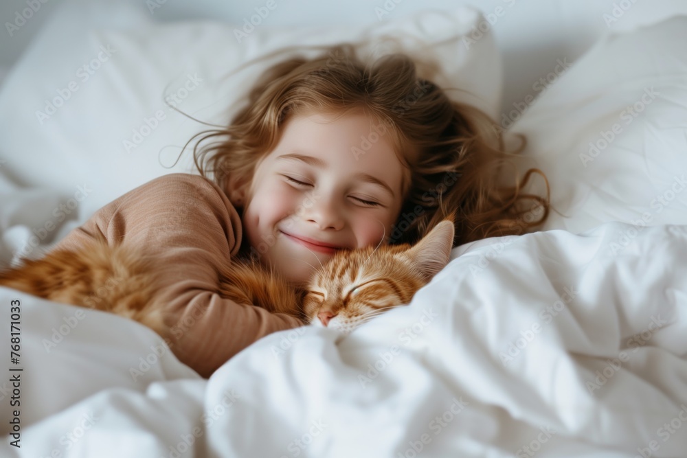 Little girl with smile cuddling her beloved orange tabby cat on soft, comfy white bed Little girl with smile cuddling her beloved orange tabby cat on soft, comfy white bed