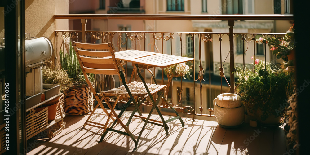 Cozy city apartment terrace with patio furniture and potted plants.