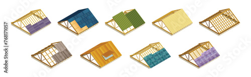Isometric Roofing Construction Part of Building Vector Set