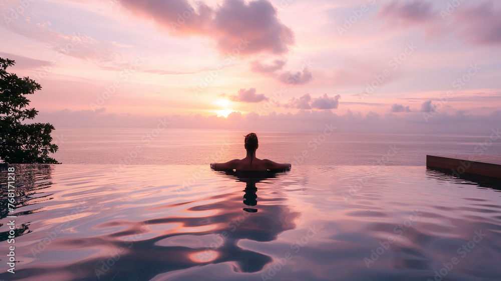 surrounded by lush mountain vistas In the midst of a tranquil retreat, a young woman enjoys a leisurely swim in a resort pool.