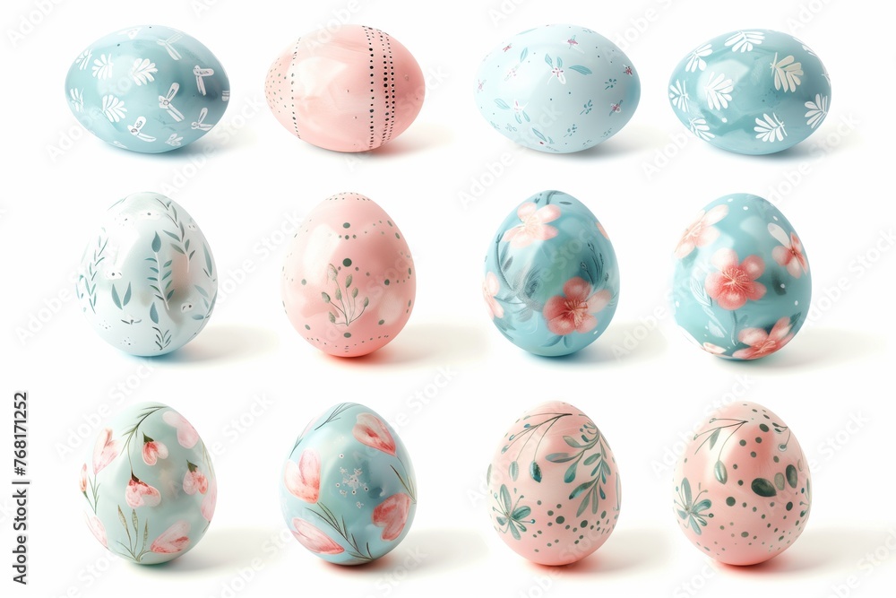 Set of pastel blue, pink Easter eggs with decorative floral, dots and lines patterns Set of pastel blue, pink Easter eggs with decorative floral, dots and lines patterns