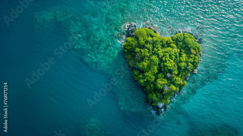 Heart shaped tropical island on shallow ocean, crystal clear water, island is full of palm trees and wild plants, aerial view landscape