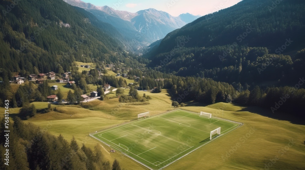 Drone view of a mountain landscape in Austria with a football field.