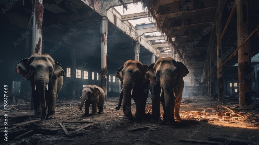 Fototapeta premium Elephants in Abandoned Buildings. Elephants in a dark.