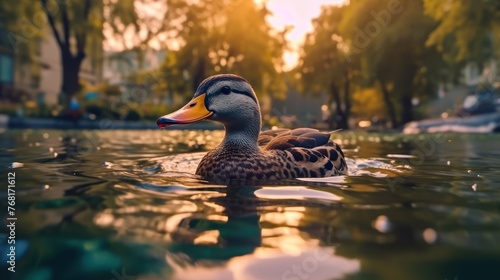 A underwater Picture of a Duck and with some Fishes in a lake photo