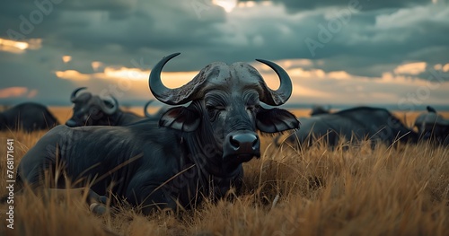 A group of African buffaloes laying in the grass, African buffaloes, Cape buffalo, bull, South Africa. Generative AI