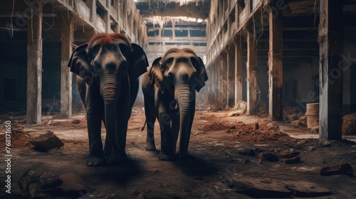 Elephants in Abandoned Buildings. Elephants in a dark.