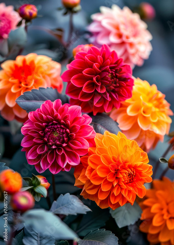 A bouquet of colorful dahlias. Gardening and Flowering.