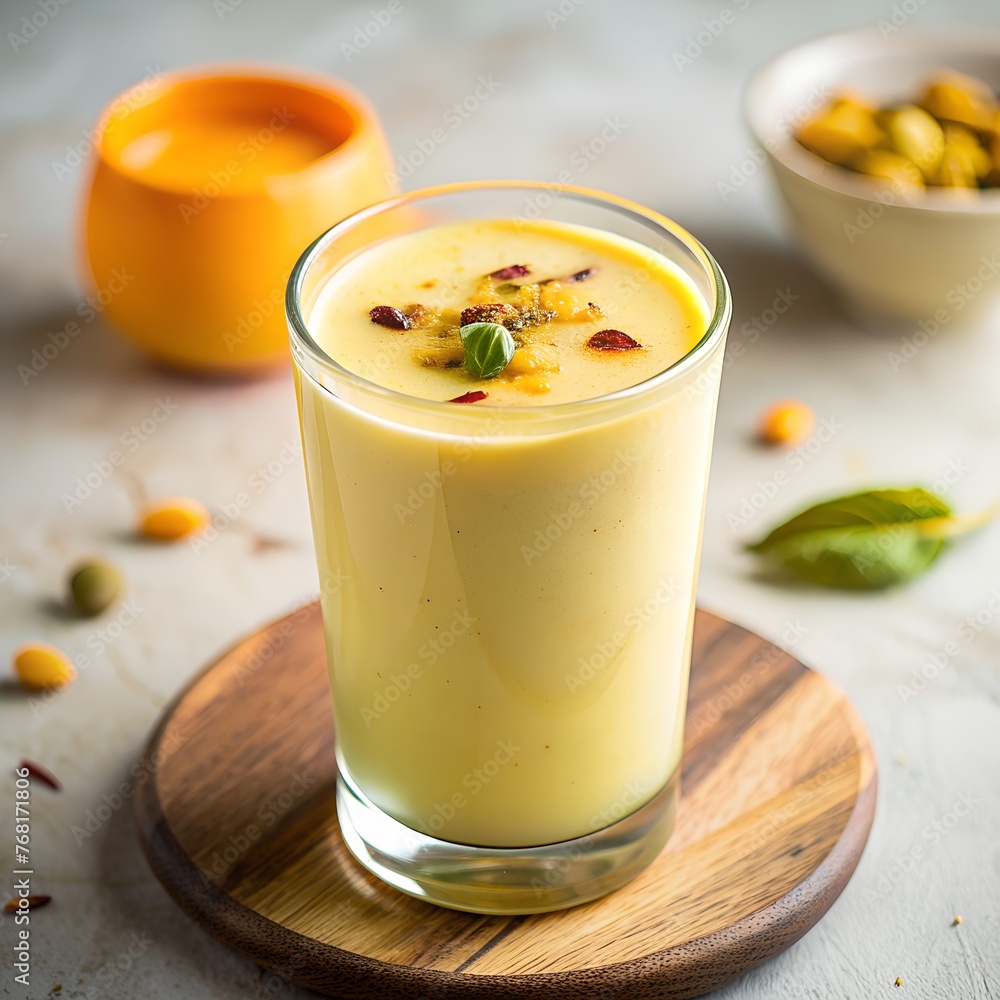 Mango lassi with yogurt, mango puree, and a sprinkle of cardamom
Mango lassi with yogurt, mango puree, and a sprinkle of cardamom