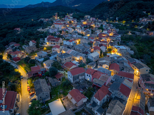 Aerial drone view of Nymfes mountain village by night, Corfu, Greece
 photo