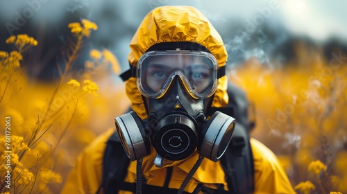 Man in Gas Mask Among Yellow Flowers