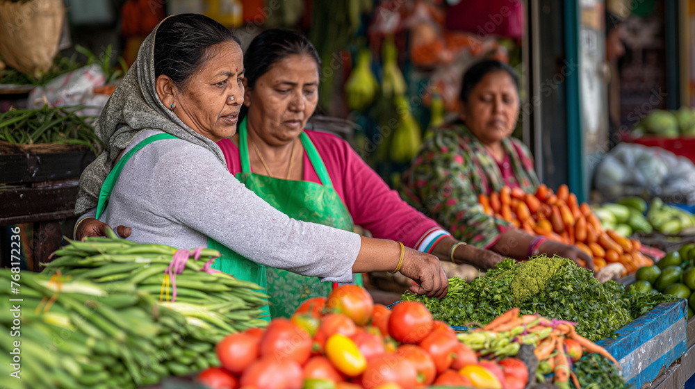 Two women busy at work behind a vegetable stand, one of them distinguished by her green apron, expertly arranging produce and engaging with customers,