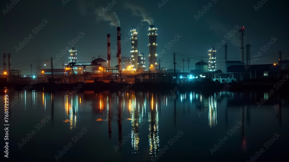 Factory Illuminated By Water at Night
