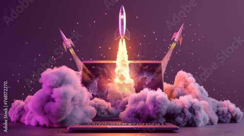 Startup concept with rocket flying out of laptop screen on black background