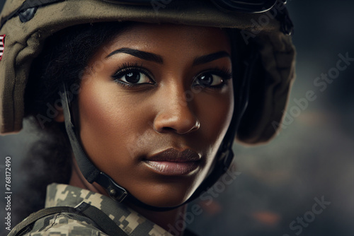 Generative AI image of beautiful female soldier in camouflage uniform in military security